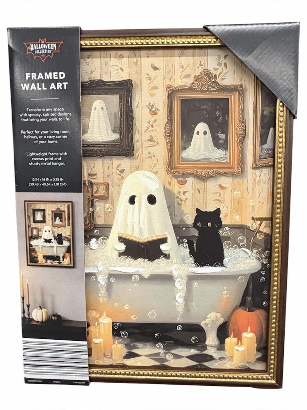 Aldi Halloween Ghost in bathtub & Black Cat Framed Wall Art
